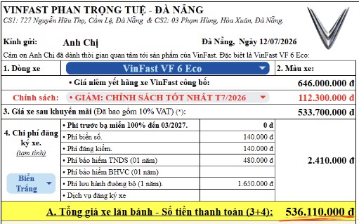 Bảng giá lăn bánh chi tiết VinFast VF 6 Eco - Áp dụng chính sách tốt nhất T7/2026