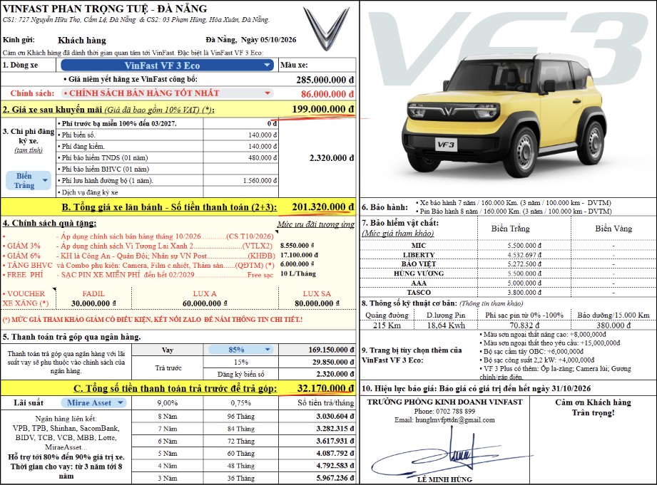 Bảng giá lăn bánh chi tiết VinFast VF 3 Eco – Áp dụng chính sách bán hàng tốt nhất T10/2026