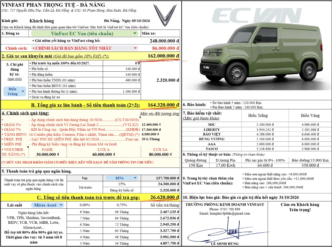 Bảng giá lăn bánh chi tiết VinFast EC Van (tiêu chuẩn) – Áp dụng chính sách bán hàng tốt nhất T10/2026