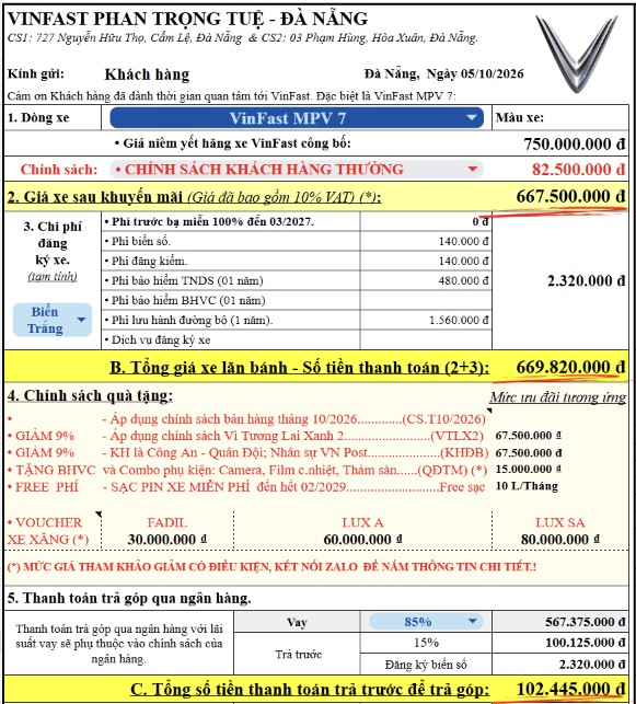 Bảng giá lăn bánh chi tiết VinFast MPV 7 tháng 10/2026