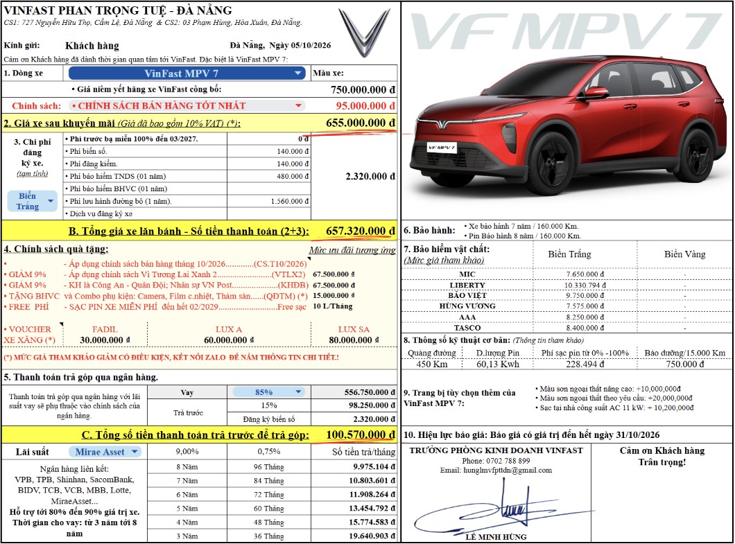 Bảng giá lăn bánh chi tiết VinFast MPV 7 – Áp dụng chính sách bán hàng tốt nhất T10/2026