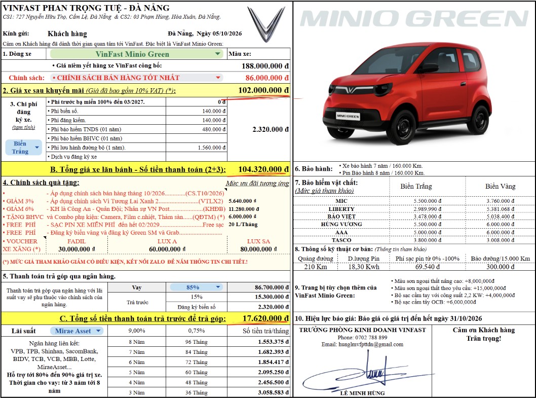 Bảng giá lăn bánh chi tiết VinFast Minio Green – Áp dụng chính sách bán hàng tốt nhất T10/2026